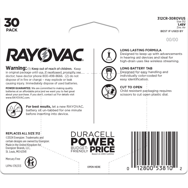 slide 2 of 5, RAYOVAC Size 312 Hearing Aid Batteries (30 Pack), 30 ct