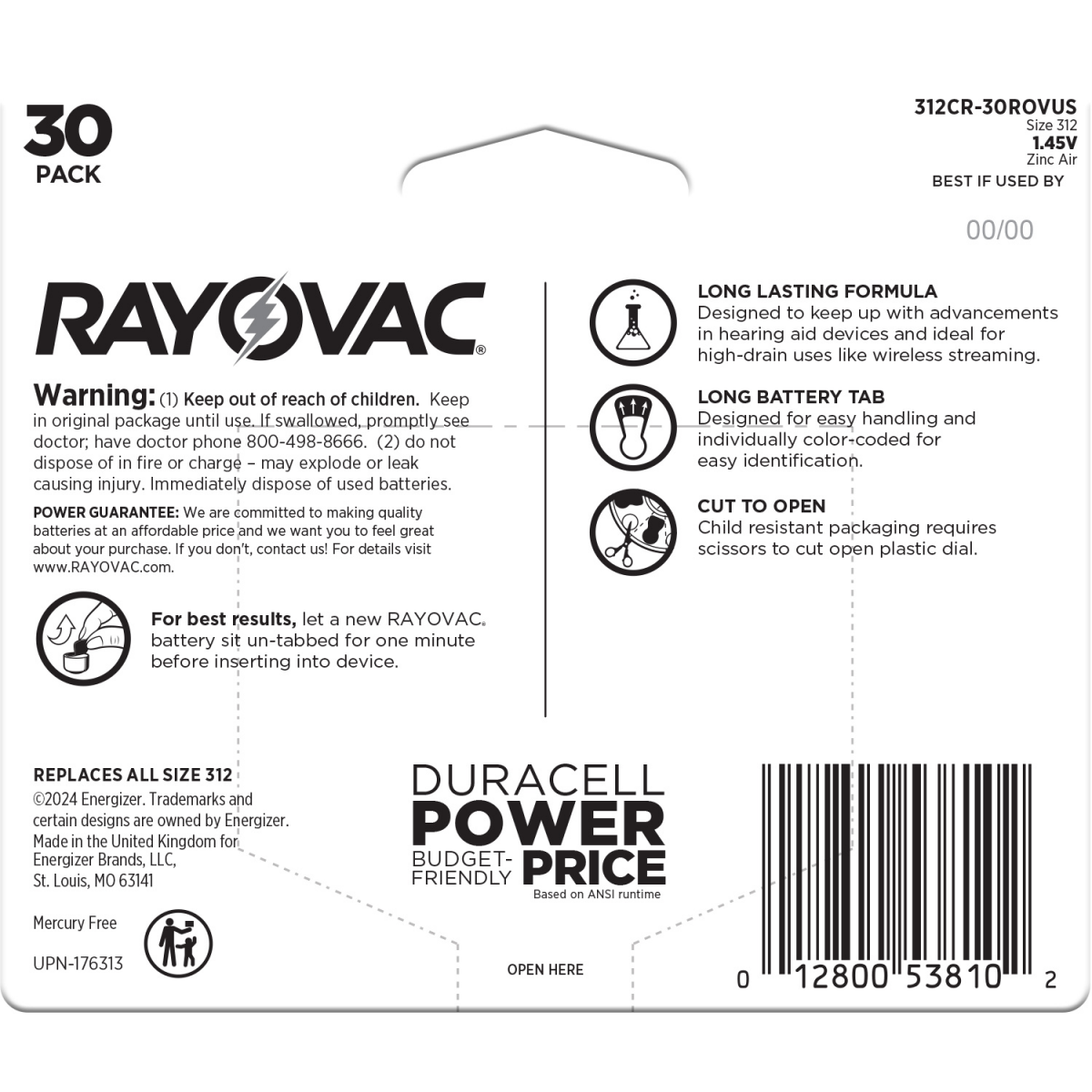 slide 4 of 5, RAYOVAC Size 312 Hearing Aid Batteries (30 Pack), 30 ct