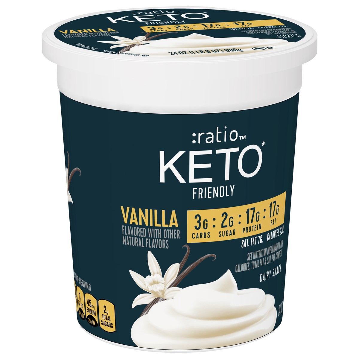 slide 9 of 9, :ratio Keto Friendly Vanilla Yogurt Cultured Dairy Snack, 24 oz Tub, 24 oz