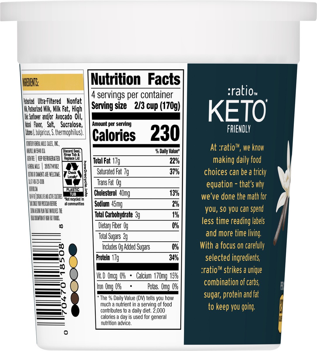 slide 8 of 9, :ratio Keto Friendly Vanilla Yogurt Cultured Dairy Snack, 24 oz Tub, 24 oz