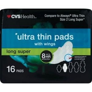 slide 1 of 1, CVS Health Ultra Thin Pads Super With Wings, 16 ct