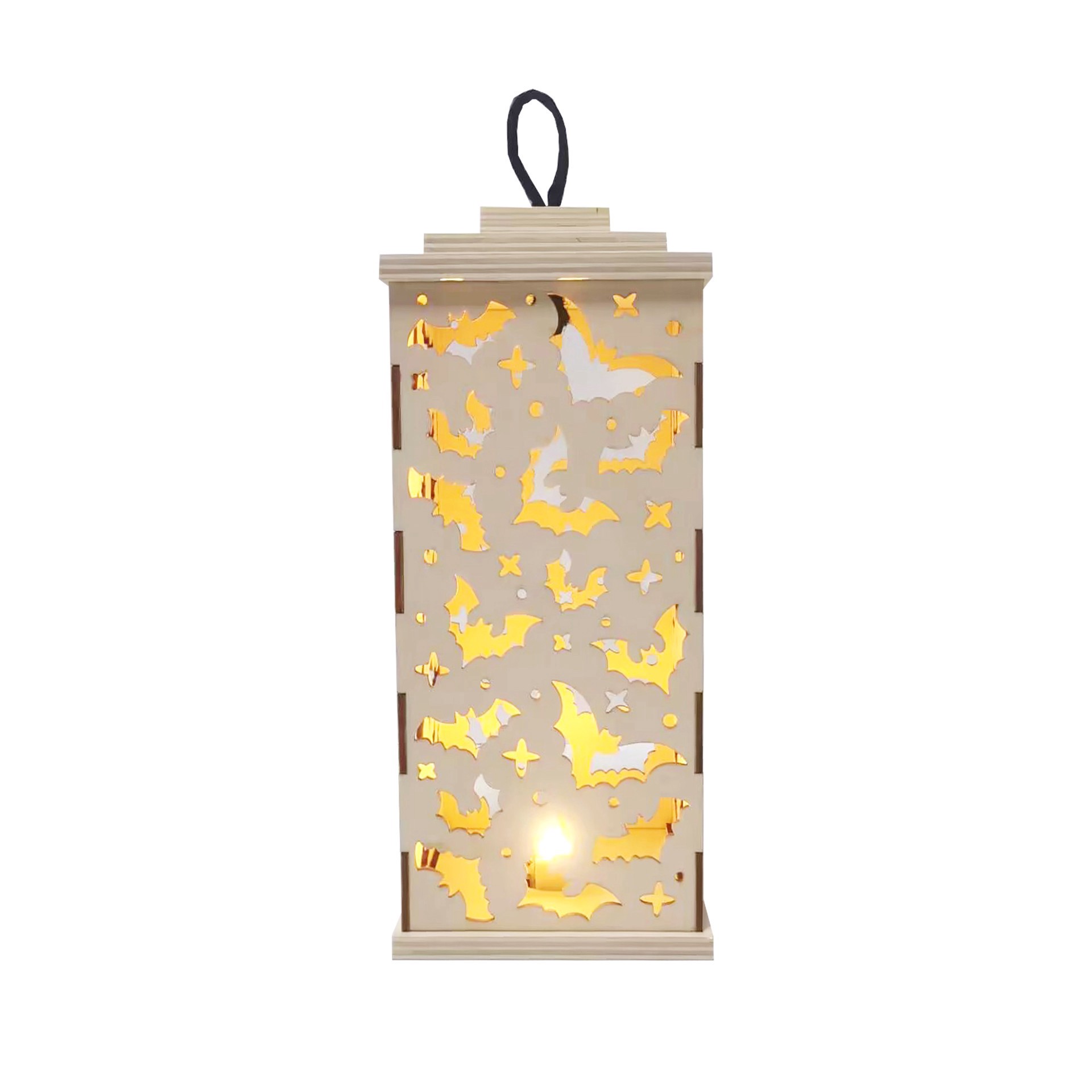 slide 4 of 4, 10" Diy Led Bat Wood Lantern Decor By Make Market, 4.25 in x 4.25 in x 10 in