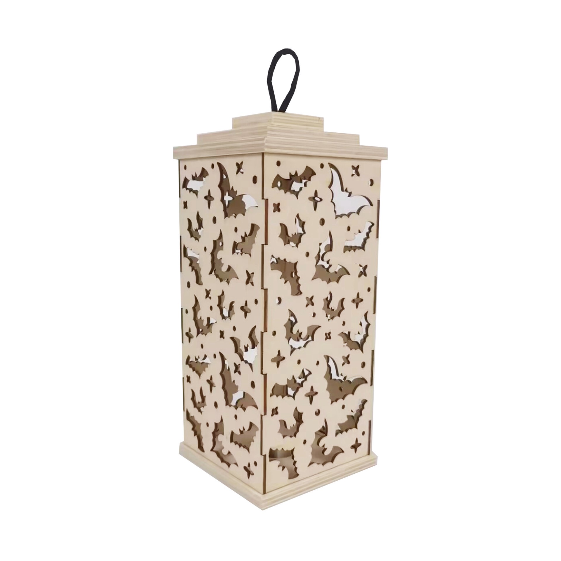 slide 3 of 4, 10" Diy Led Bat Wood Lantern Decor By Make Market, 4.25 in x 4.25 in x 10 in