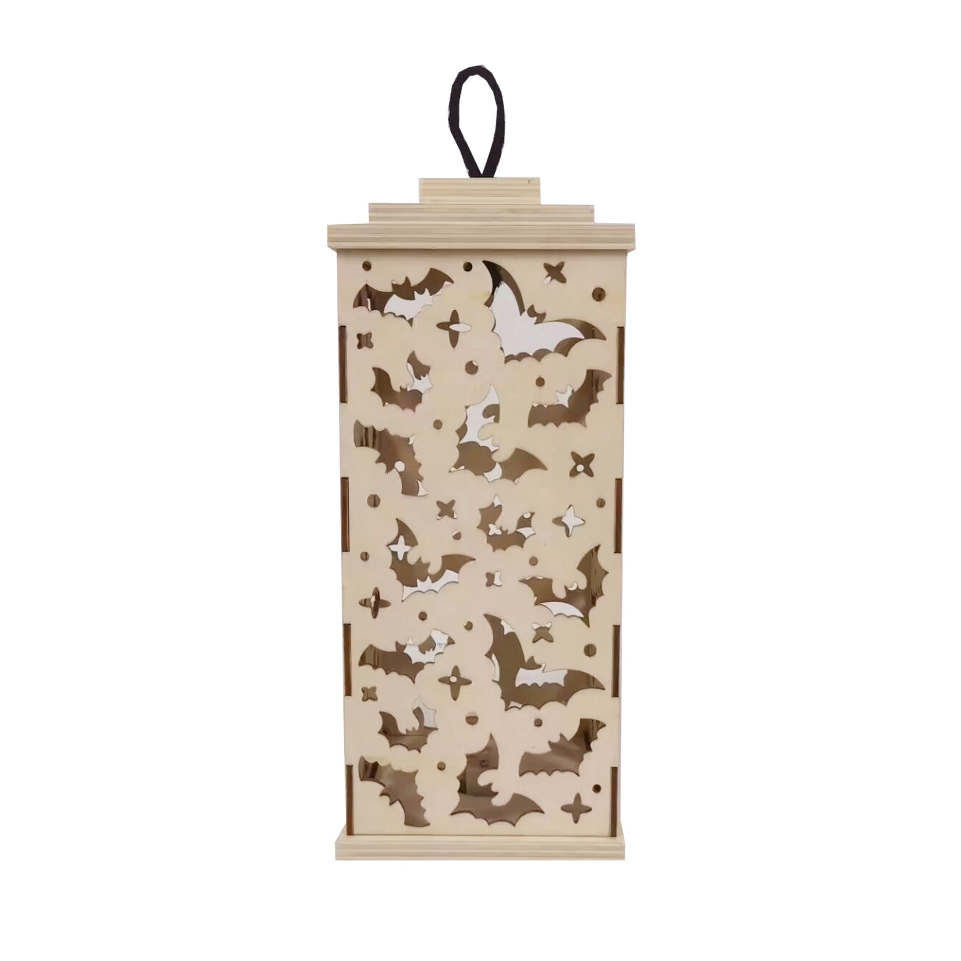 slide 2 of 4, 10" Diy Led Bat Wood Lantern Decor By Make Market, 4.25 in x 4.25 in x 10 in