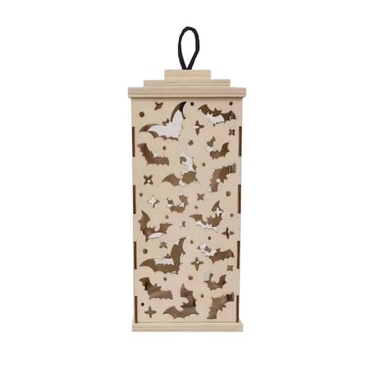 slide 1 of 4, 10" Diy Led Bat Wood Lantern Decor By Make Market, 4.25 in x 4.25 in x 10 in