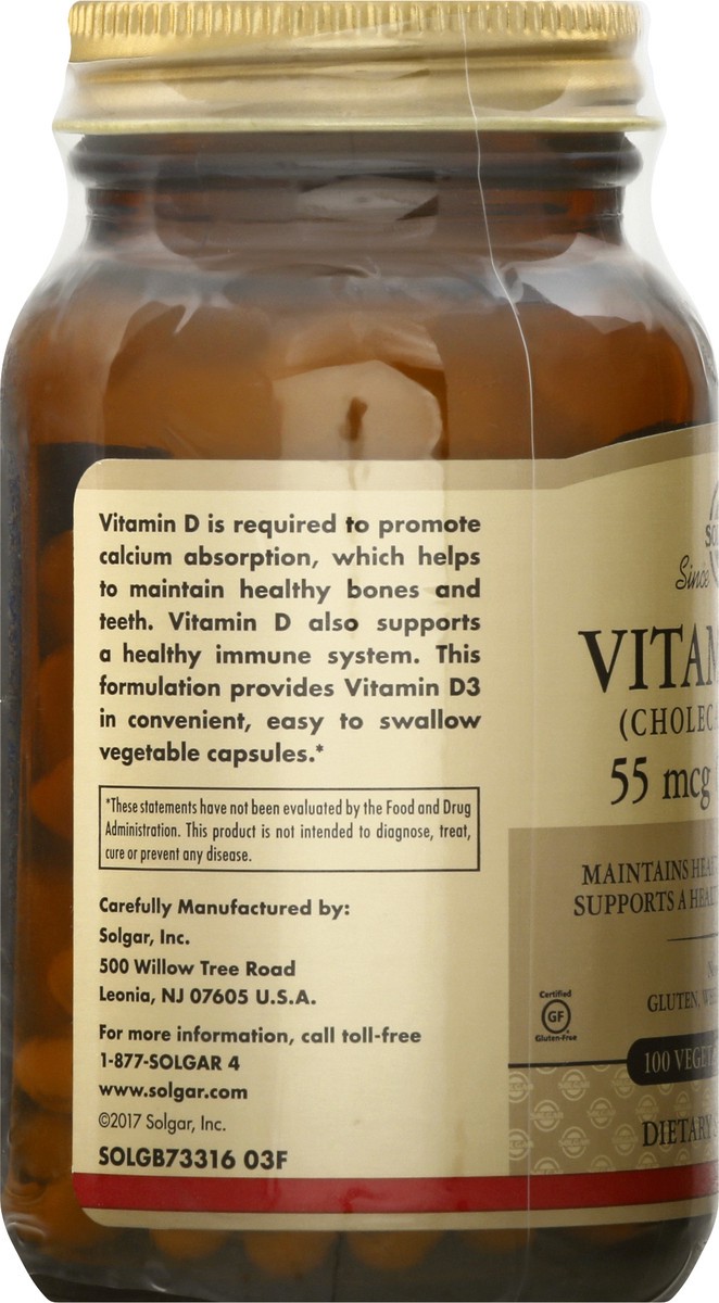 slide 2 of 9, Solgar 55 mcg Vegetable Capsules Vitamin D3 100 ea, 100 ct