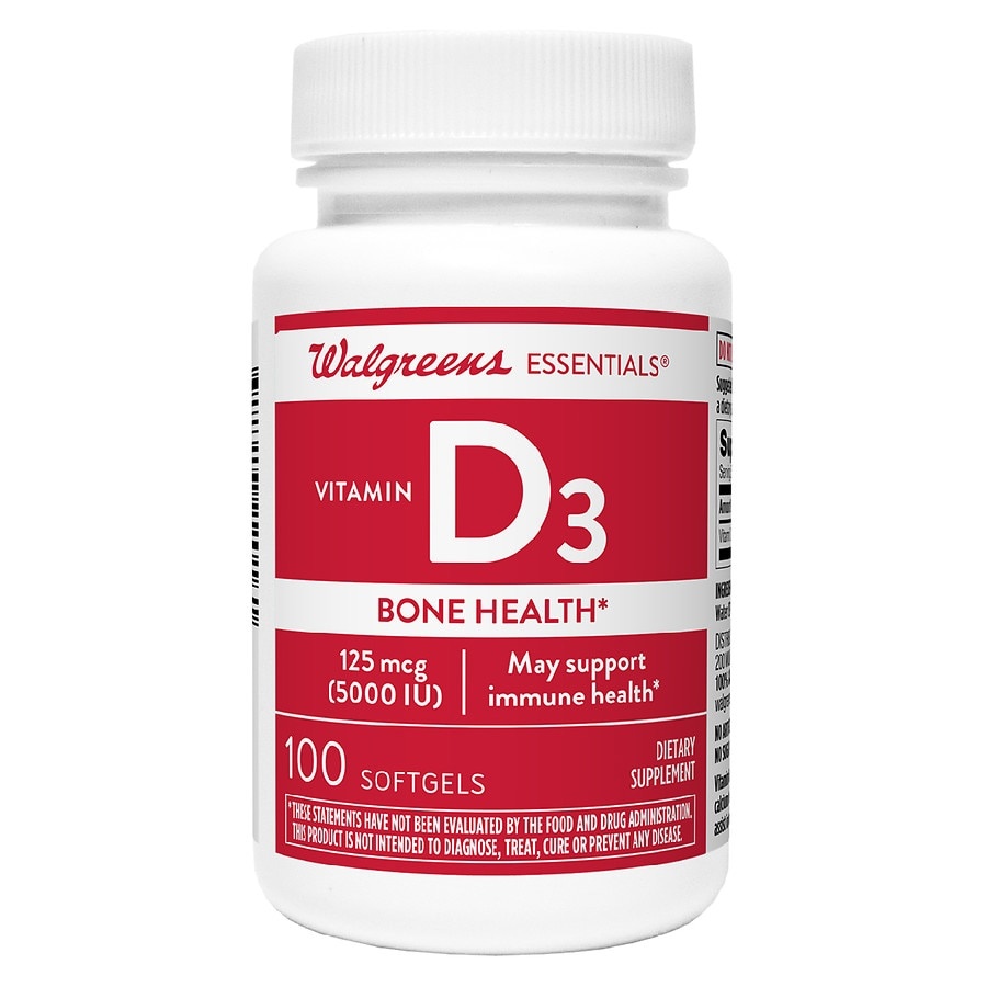 slide 1 of 1, Walgreens Essentials Vitamin D3 125 mcg Softgels, 100 ct