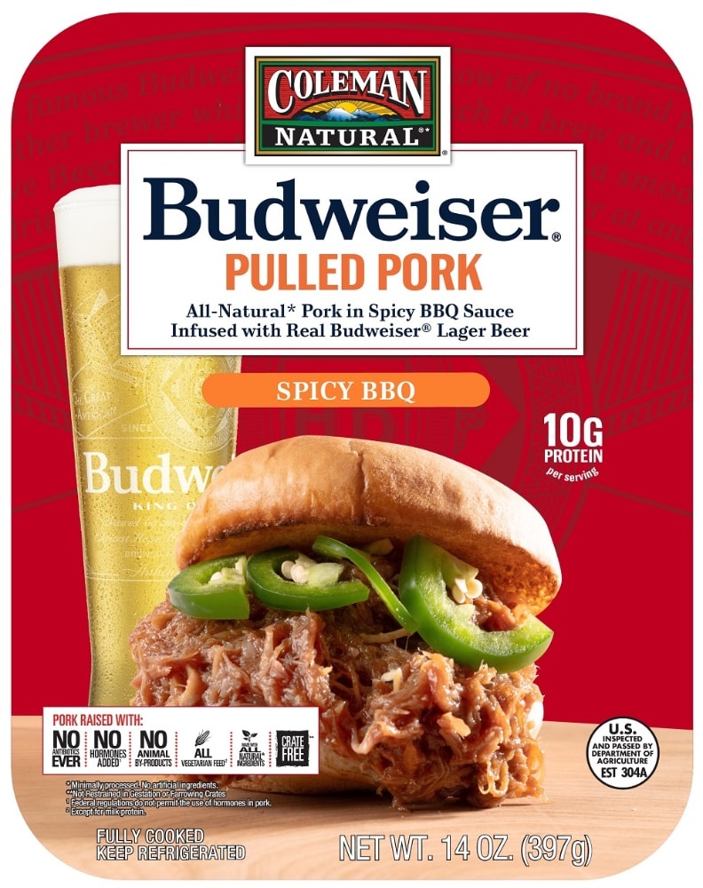 slide 1 of 1, Coleman Natural Budweiser BBQ Spicy Pulled Pork, 14 oz