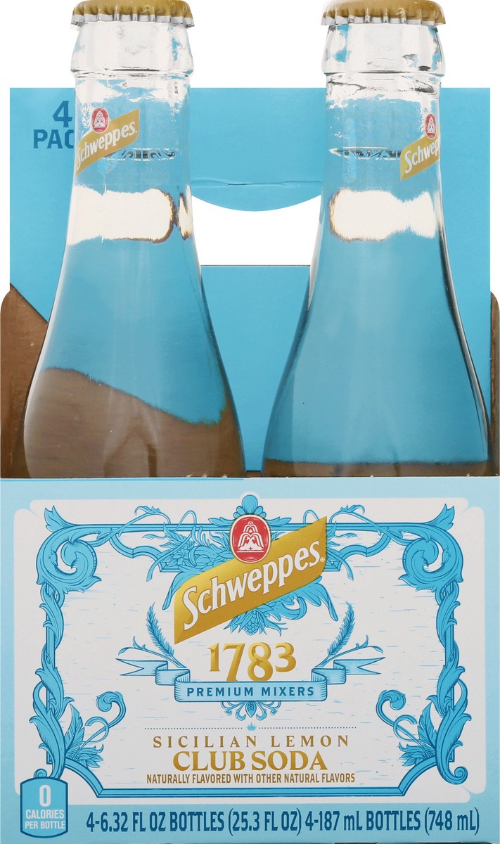 slide 3 of 13, Schweppes 1783 Sicilian Lemon Club Soda, 6.32 fl oz glass bottles, 4 pack, 1 liter