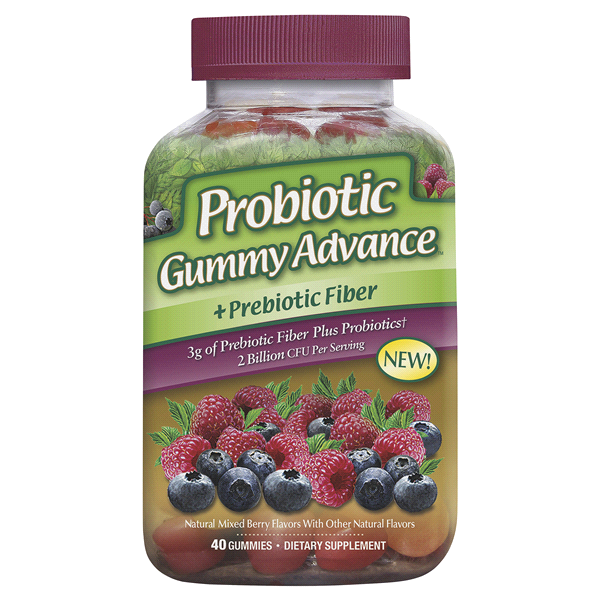 slide 1 of 1, Probiotic Gummy Advance + Prebiotic Fiber, Mixed Berry, 40 ct