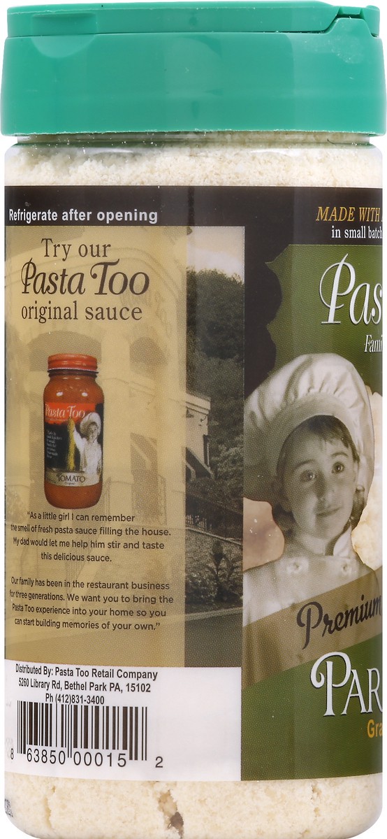 slide 8 of 13, Pasta Too Grated Parmesan Cheese 8 oz, 8 oz