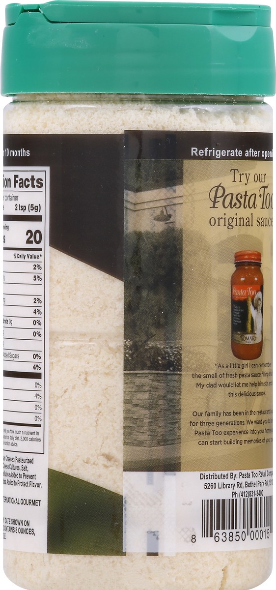 slide 6 of 13, Pasta Too Grated Parmesan Cheese 8 oz, 8 oz