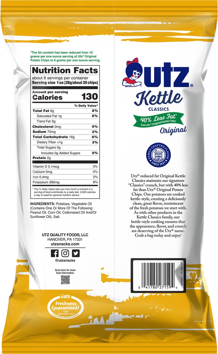 slide 10 of 10, Utz 7.5 oz Utz Kettle Classics Reduced Fat Original Potato Chips, 7.5 oz