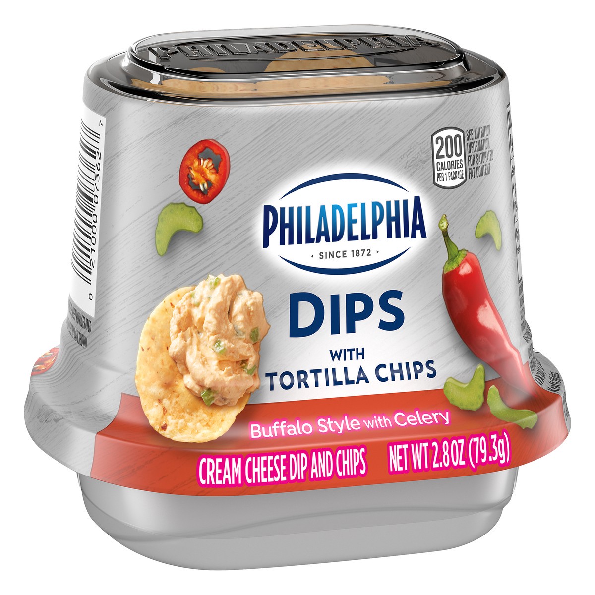 slide 4 of 10, Philadelphia Dips Buffalo Style with Celery Cream Cheese Dip with Tortilla Chips, 2.8 oz Cup, 2.8 oz