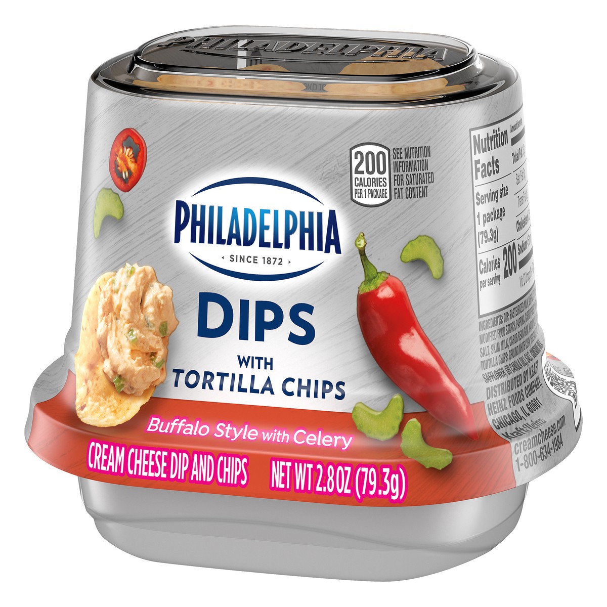 slide 5 of 10, Philadelphia Dips Buffalo Style with Celery Cream Cheese Dip with Tortilla Chips, 2.8 oz Cup, 2.8 oz