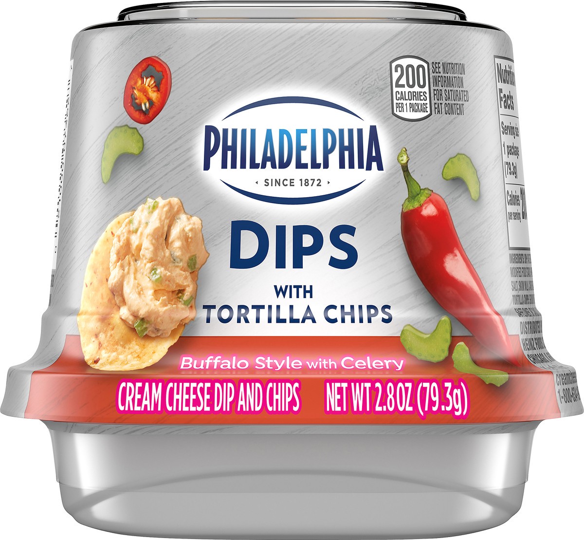 slide 8 of 10, Philadelphia Dips Buffalo Style with Celery Cream Cheese Dip with Tortilla Chips, 2.8 oz Cup, 2.8 oz