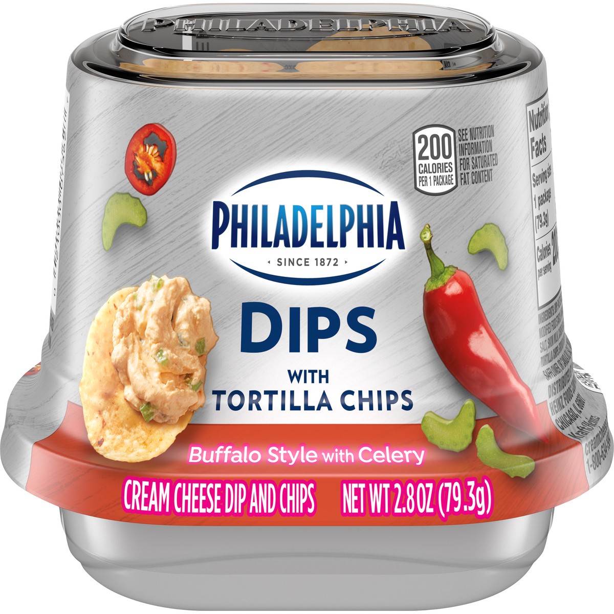 slide 1 of 10, Philadelphia Dips Buffalo Style with Celery Cream Cheese Dip with Tortilla Chips, 2.8 oz Cup, 2.8 oz