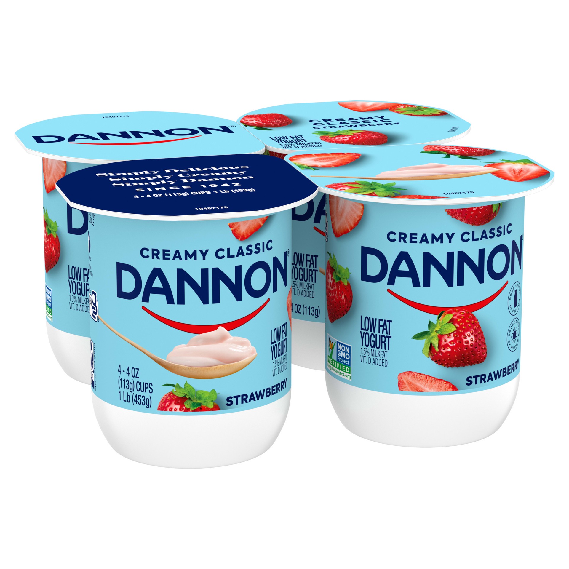 slide 4 of 5, Dannon Creamy Classic Strawberry Low Fat Yogurt, Creamy and Delicious Gluten Free Snacks, Good Source of Calcium and Vitamin D, 4 Ct, 4 OZ Yogurt Containers, 4 oz