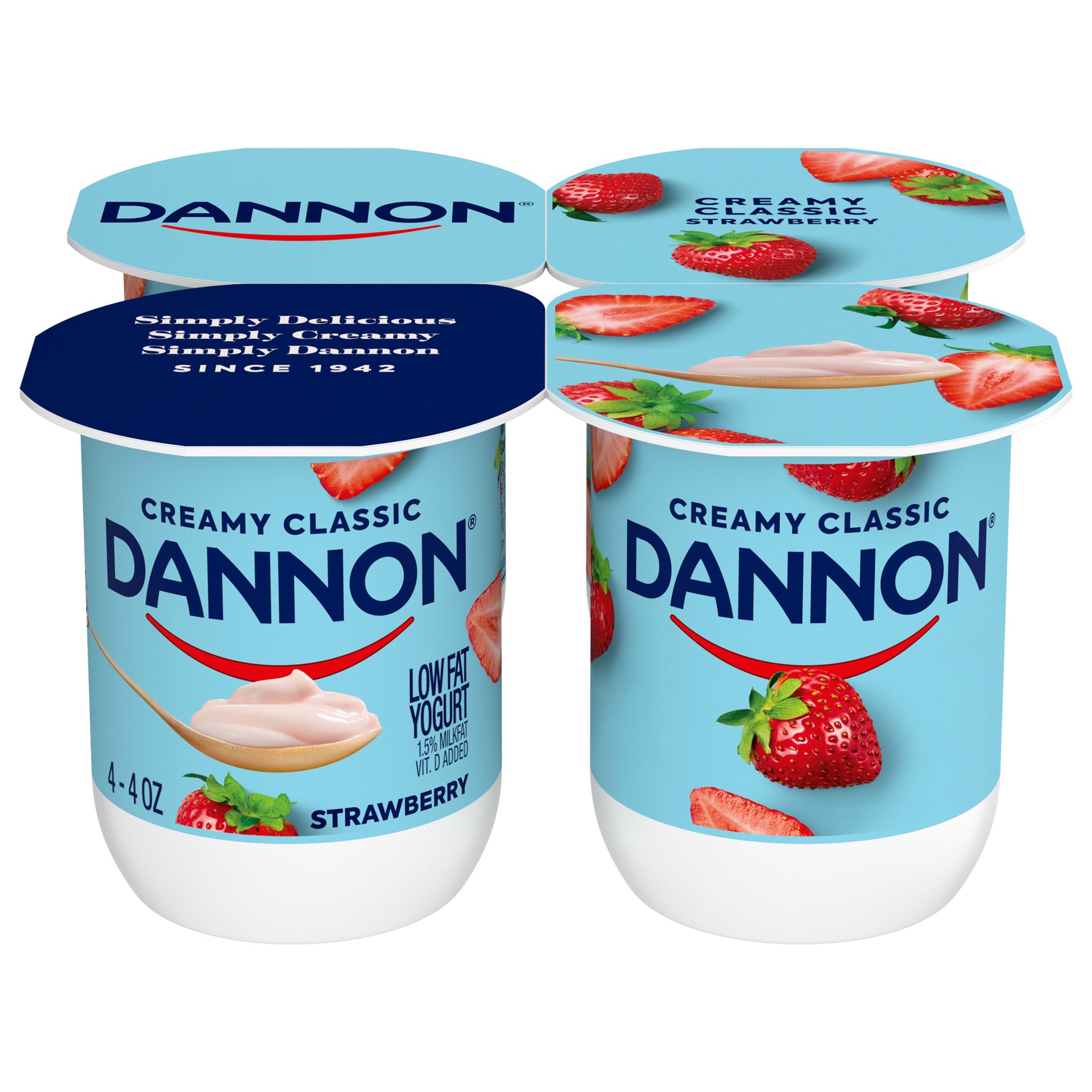 slide 1 of 5, Dannon Creamy Classic Strawberry Low Fat Yogurt, Creamy and Delicious Gluten Free Snacks, Good Source of Calcium and Vitamin D, 4 Ct, 4 OZ Yogurt Containers, 4 oz