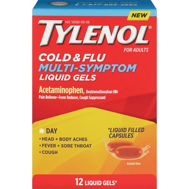 slide 1 of 1, Tylenol Daytime Cold & Flu Multi-Symptom Liquid Gels Acetaminophen 325 mg, 12 Count, 24 ct