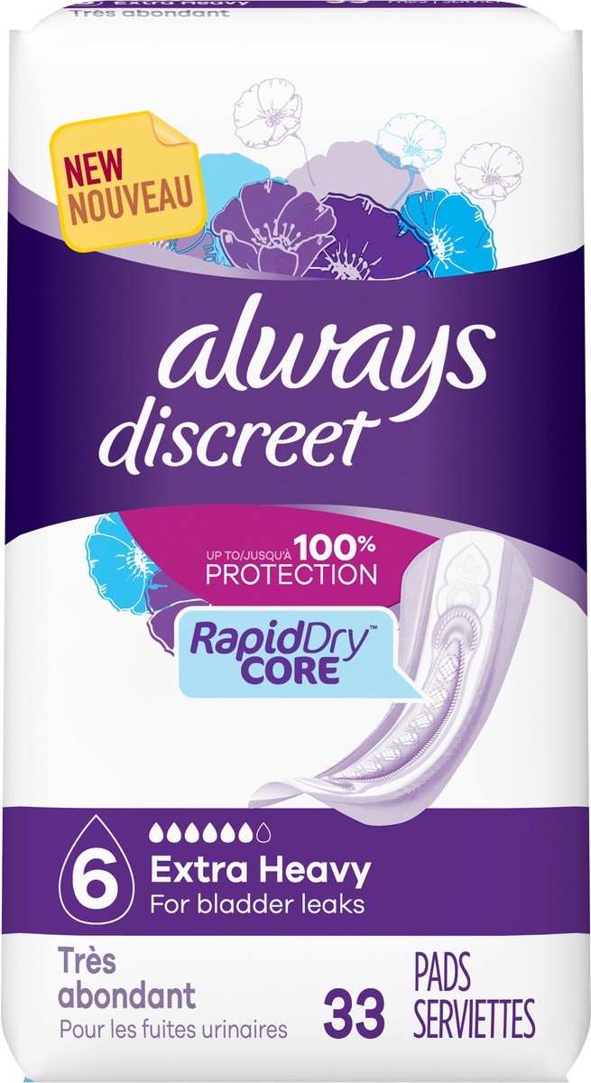 slide 2 of 4, Always Discreet Adult Incontinence Pads for Women, Extra Heavy Absorbency, Regular Length, Postpartum Pads, 33 CT, 33 ct