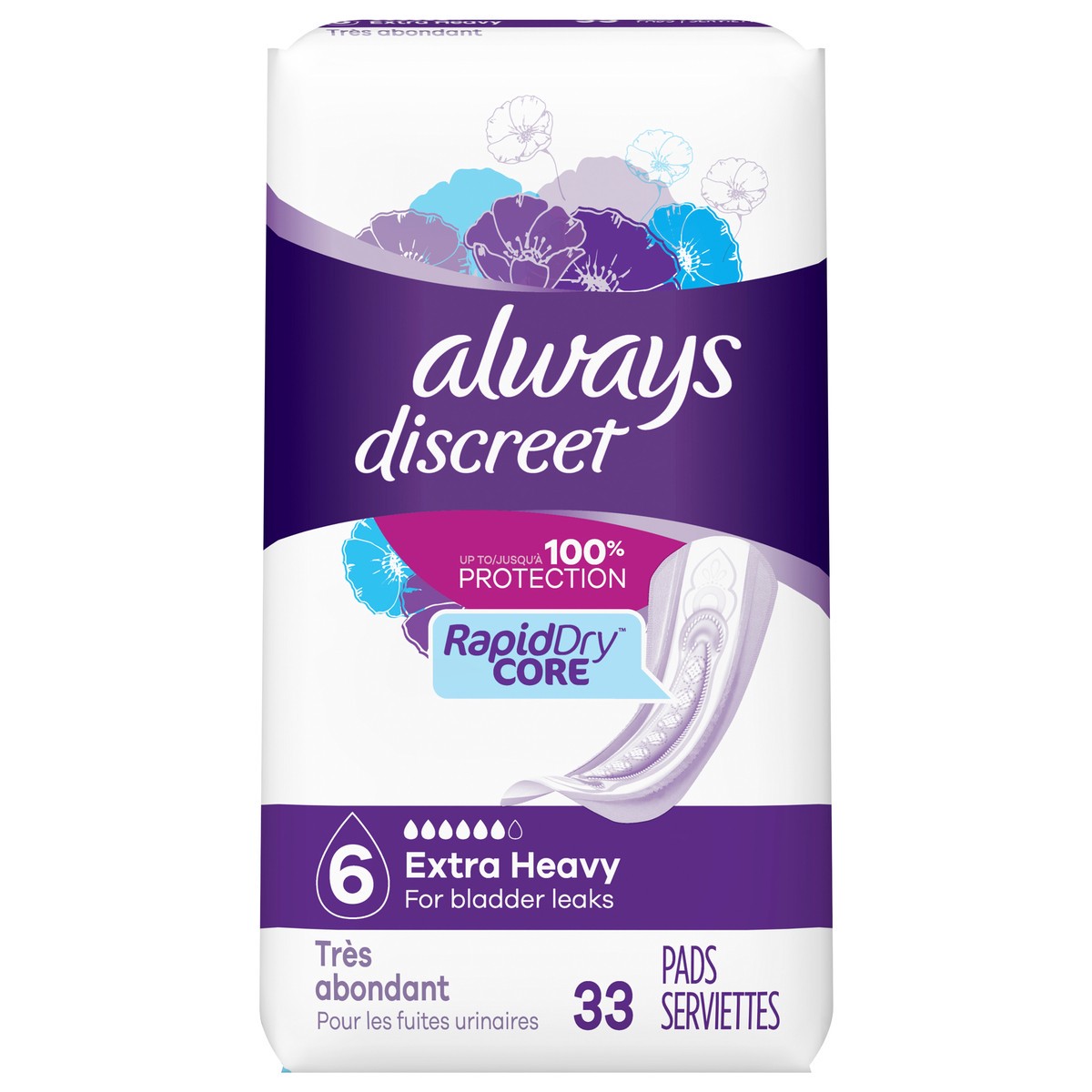 slide 1 of 4, Always Discreet Adult Incontinence Pads for Women, Extra Heavy Absorbency, Regular Length, Postpartum Pads, 33 CT, 33 ct