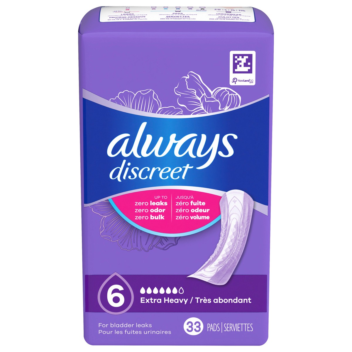 slide 1 of 4, Always Discreet Adult Incontinence Pads for Women, Extra Heavy Absorbency, Regular Length, Postpartum Pads, 33 CT, 33 ct