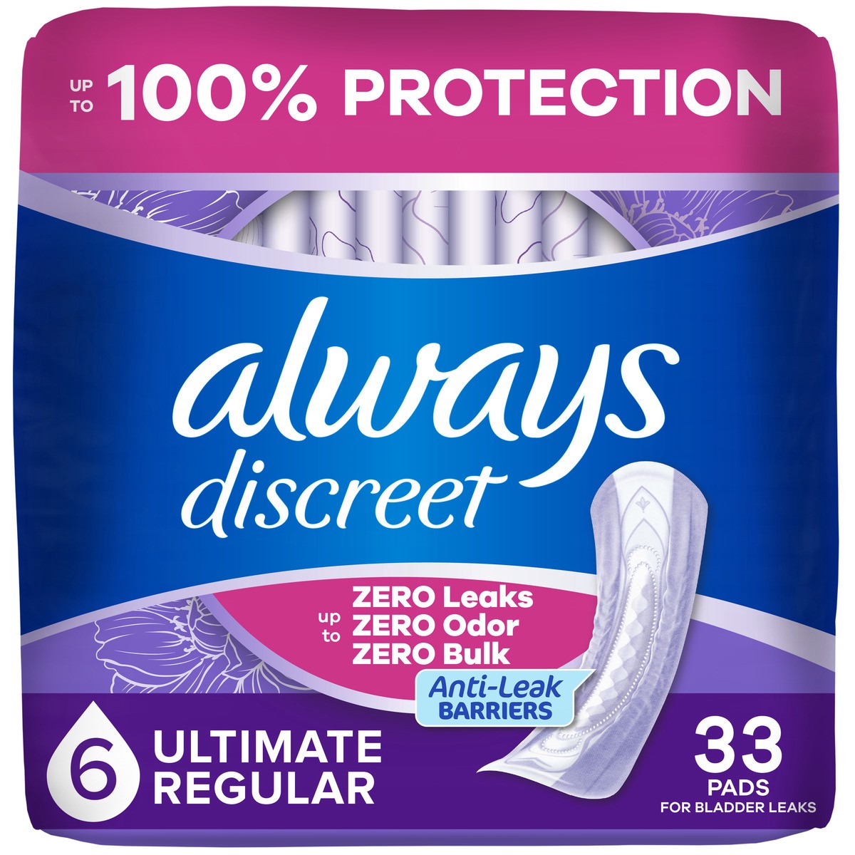 slide 1 of 4, Always Discreet Adult Incontinence Pads for Women, Ultimate Absorbency, Regular Length, Postpartum Pads, 33 CT, 33 ct