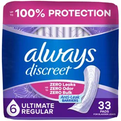 Always Discreet Adult Incontinence Pads for Women, Ultimate Absorbency, Regular Length, Postpartum Pads, 33 CT