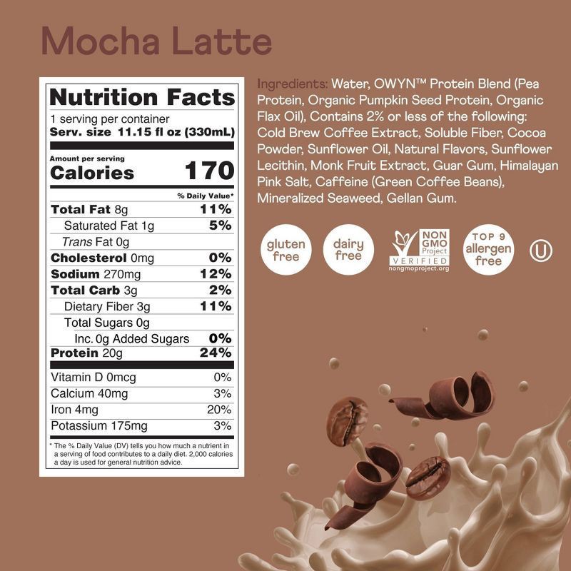 slide 4 of 8, OWYN Zero Sugar Dairy-Free Double Shot Mocha Latte Flavored Coffee Shakes 4 - 11.15 fl oz Bottles, 4 ct