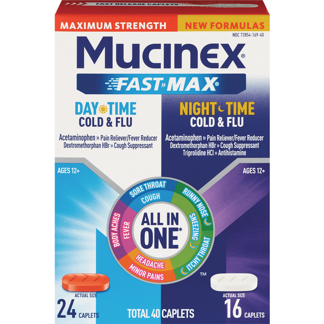 slide 1 of 1, Mucinex Fast Max Maximum Strength Day Time/Night Time Cold & Flu 40 Caplets, 40 ct