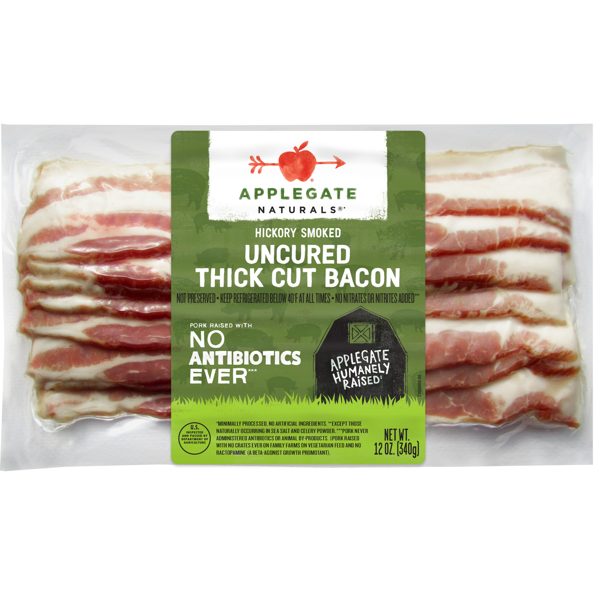 slide 1 of 4, Applegate Natural Hickory Smoked Uncured Thick Cut Bacon, 12 oz