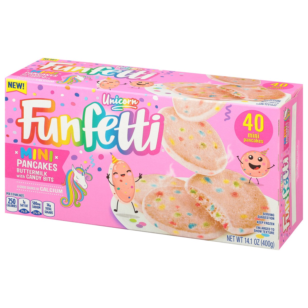 slide 6 of 9, Pillsbury Funfetti Frozen Unicorn Pink Mini Buttermilk Pancakes with Candy Bits, 40 Count Pack, 14.1 oz