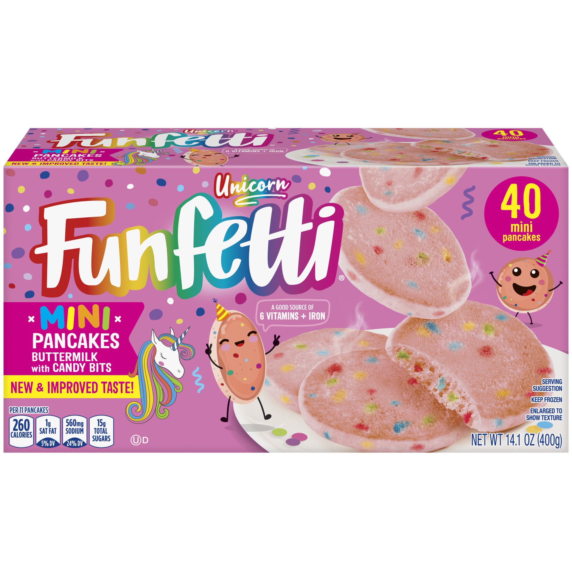 slide 1 of 9, Pillsbury Funfetti Frozen Unicorn Pink Mini Buttermilk Pancakes with Candy Bits, 40 Count Pack, 14.1 oz