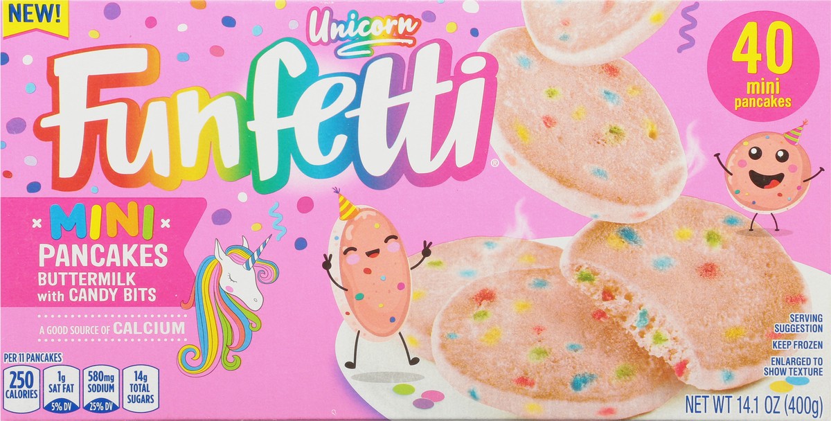 slide 2 of 9, Pillsbury Funfetti Frozen Unicorn Pink Mini Buttermilk Pancakes with Candy Bits, 40 Count Pack, 14.1 oz