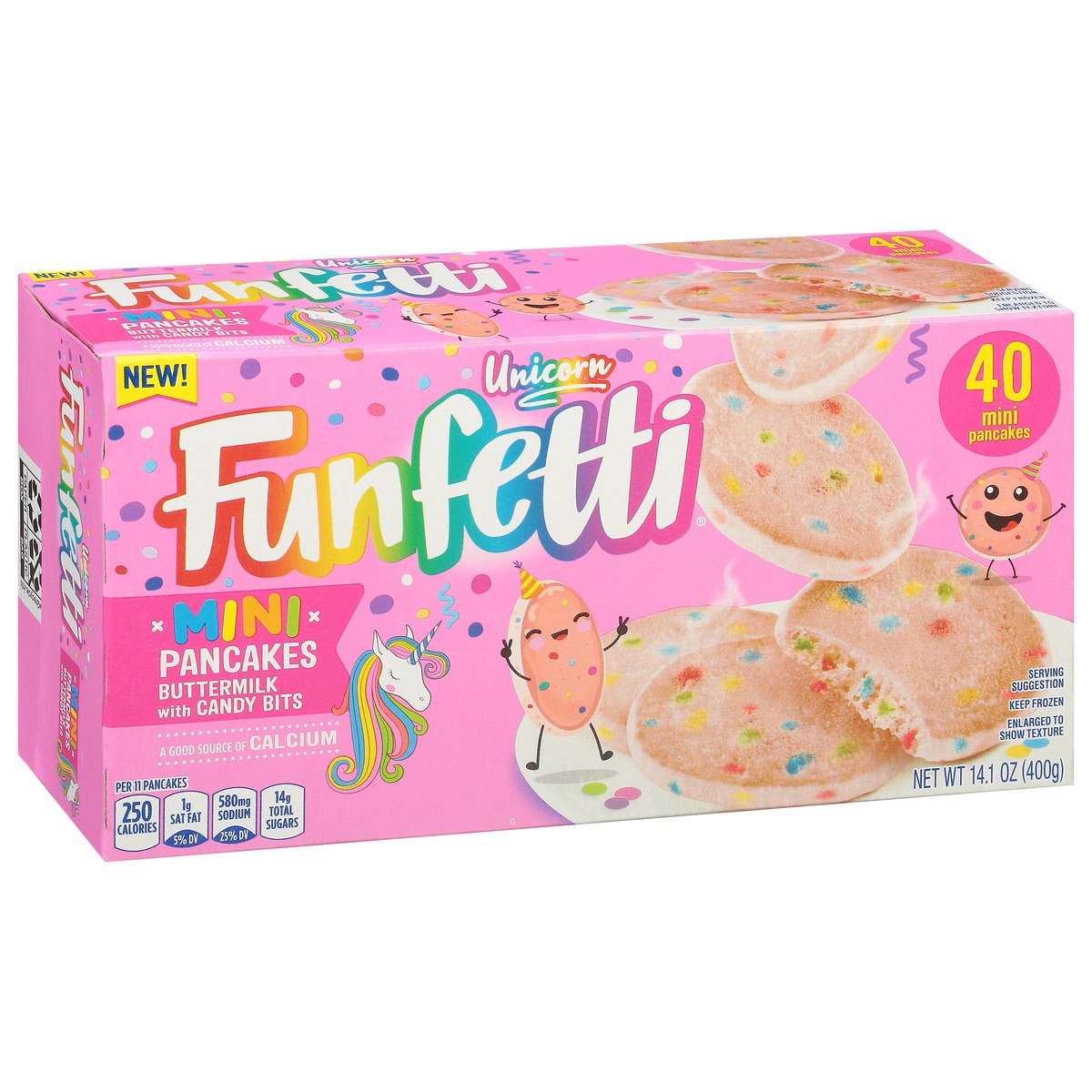 slide 1 of 9, Pillsbury Funfetti Frozen Unicorn Pink Mini Buttermilk Pancakes with Candy Bits, 40 Count Pack, 14.10 oz