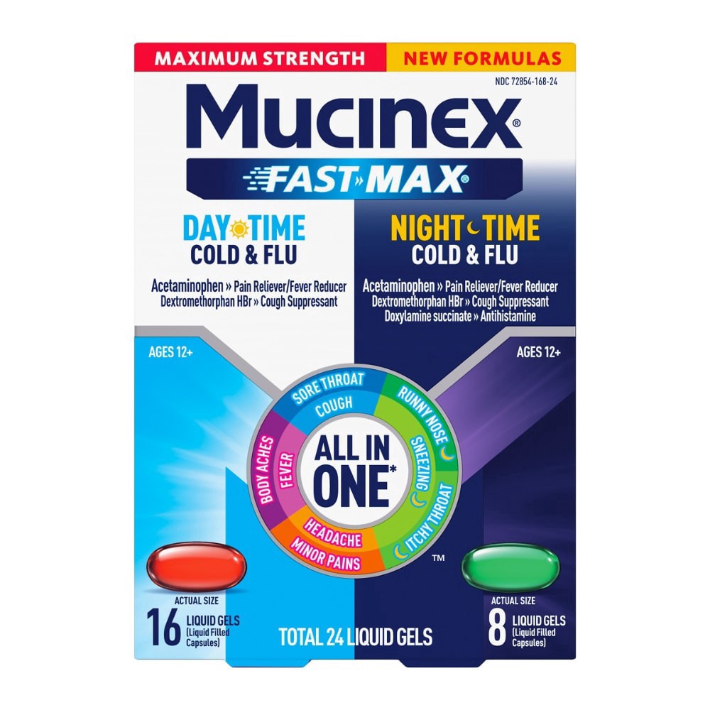 slide 1 of 1, Mucinex Fast Max Maximum Strength Day Time/Night Time Cold & Flu 24 Liquid Gels, 24 ct
