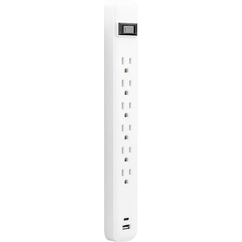 slide 8 of 8, General Electric 6-Outlet Power Strip 1 USB-A 1 USB-C 15W Shared 6' Braided Cord White, 1 ct