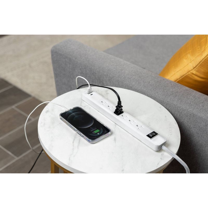 slide 5 of 8, General Electric 6-Outlet Power Strip 1 USB-A 1 USB-C 15W Shared 6' Braided Cord White, 1 ct