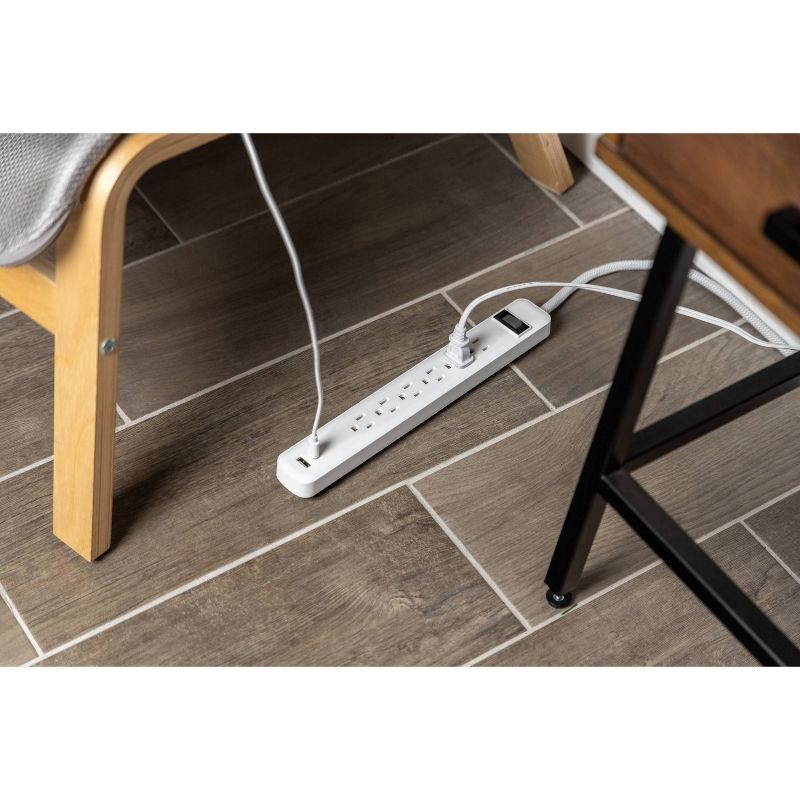 slide 3 of 8, General Electric 6-Outlet Power Strip 1 USB-A 1 USB-C 15W Shared 6' Braided Cord White, 1 ct