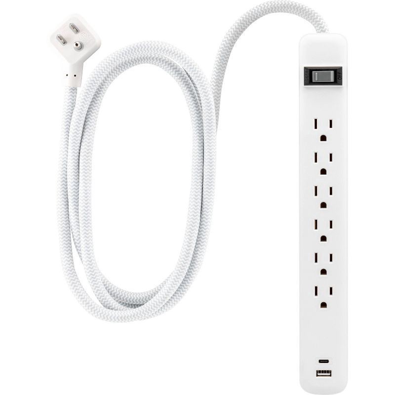 slide 1 of 8, General Electric 6-Outlet Power Strip 1 USB-A 1 USB-C 15W Shared 6' Braided Cord White, 1 ct