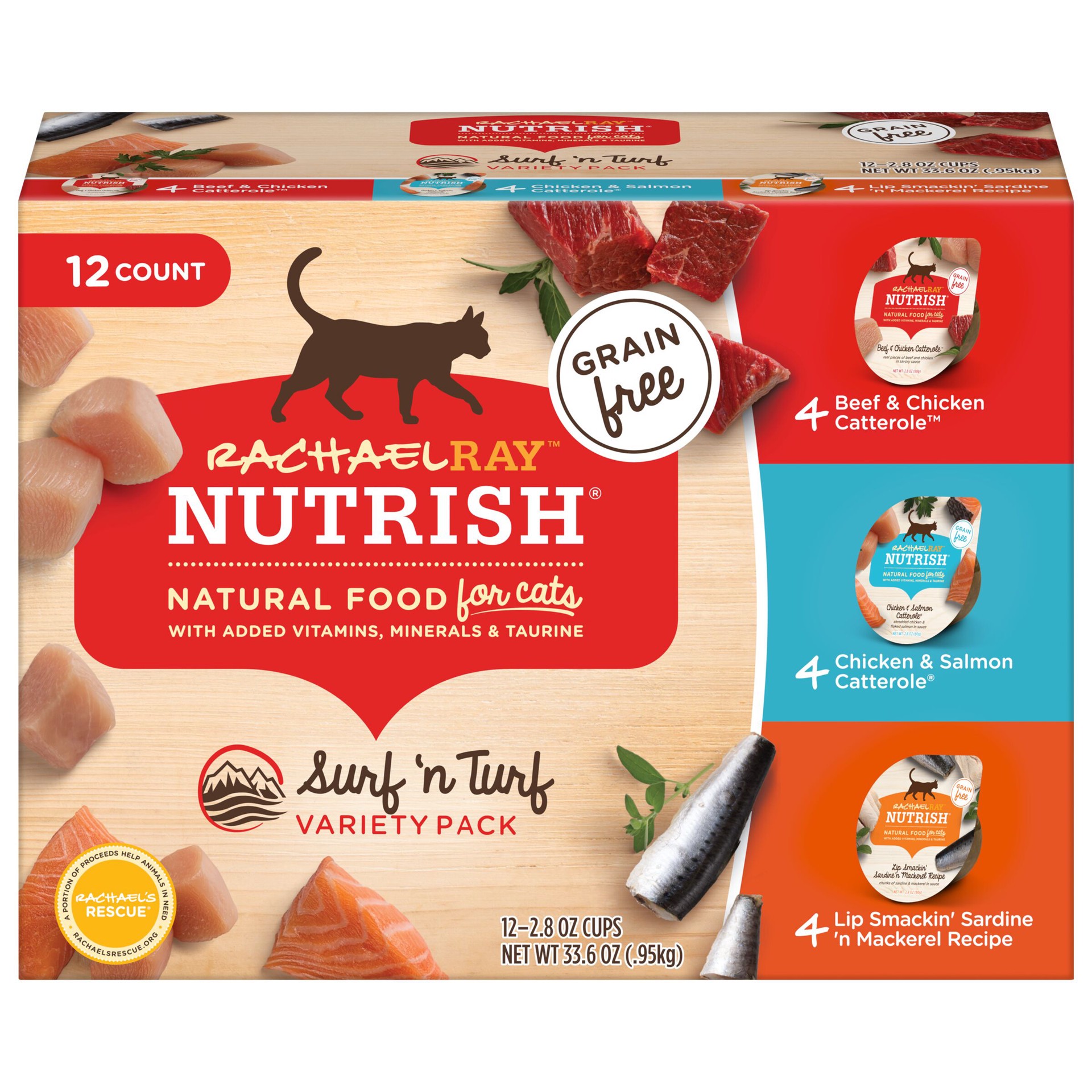 slide 1 of 21, Rachael Ray Nutrish Natural Wet Cat Food, Grain Free Surf 'n Turf Variety Pack, 2.8 oz tubs, Pack of 12, 33.6 oz