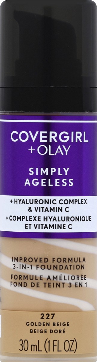 slide 2 of 2, Covergirl COVERGIRL & Olay Simply Ageless 3-in-1 Liquid Foundation, Golden Beige 227, 1 fl oz (30 ml), 657 oz