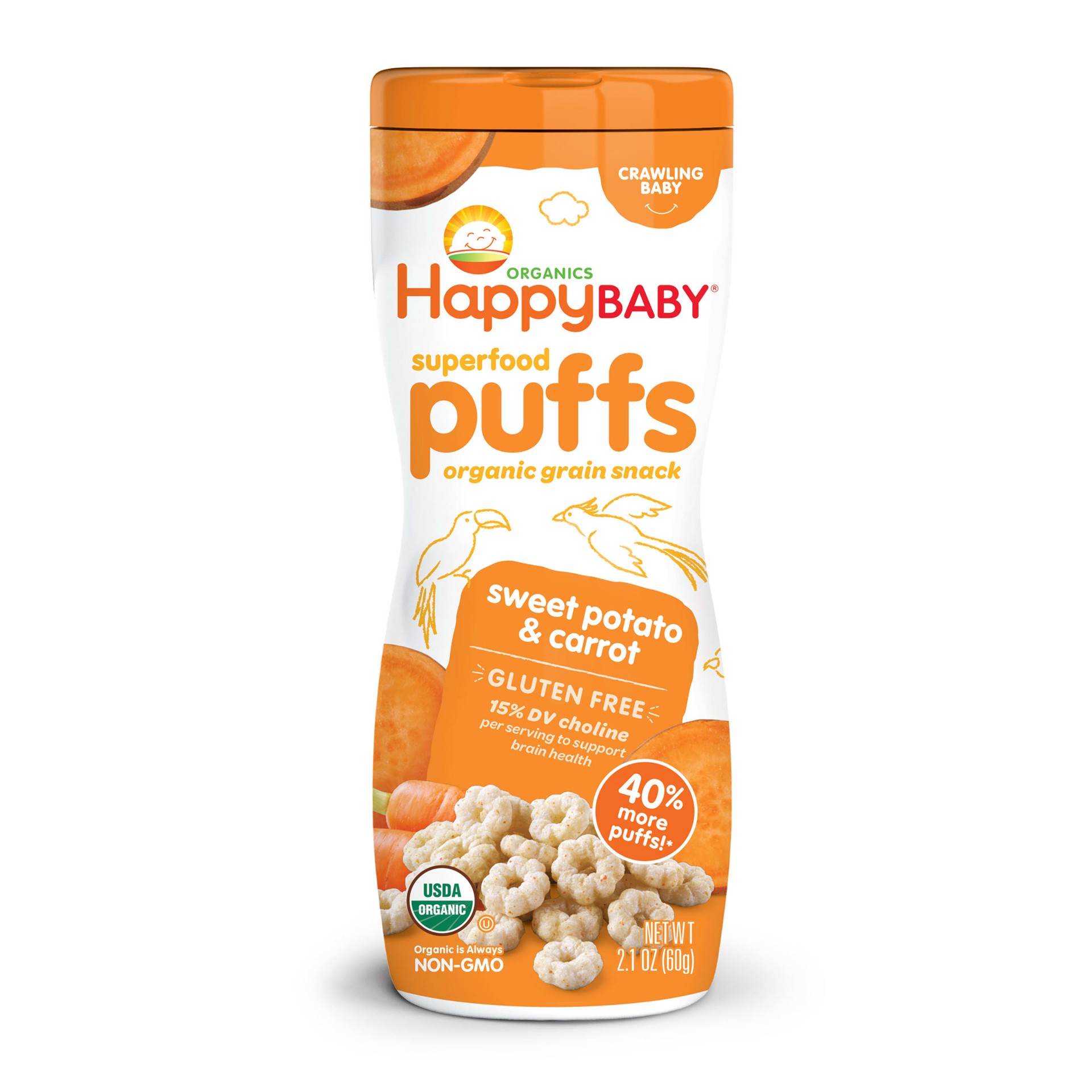 slide 1 of 7, Happy Baby Organics Gluten Free Superfood Puffs Organic Grain Snack Sweet Potato & Carrot 2.1 oz UNIT, 2.1 oz