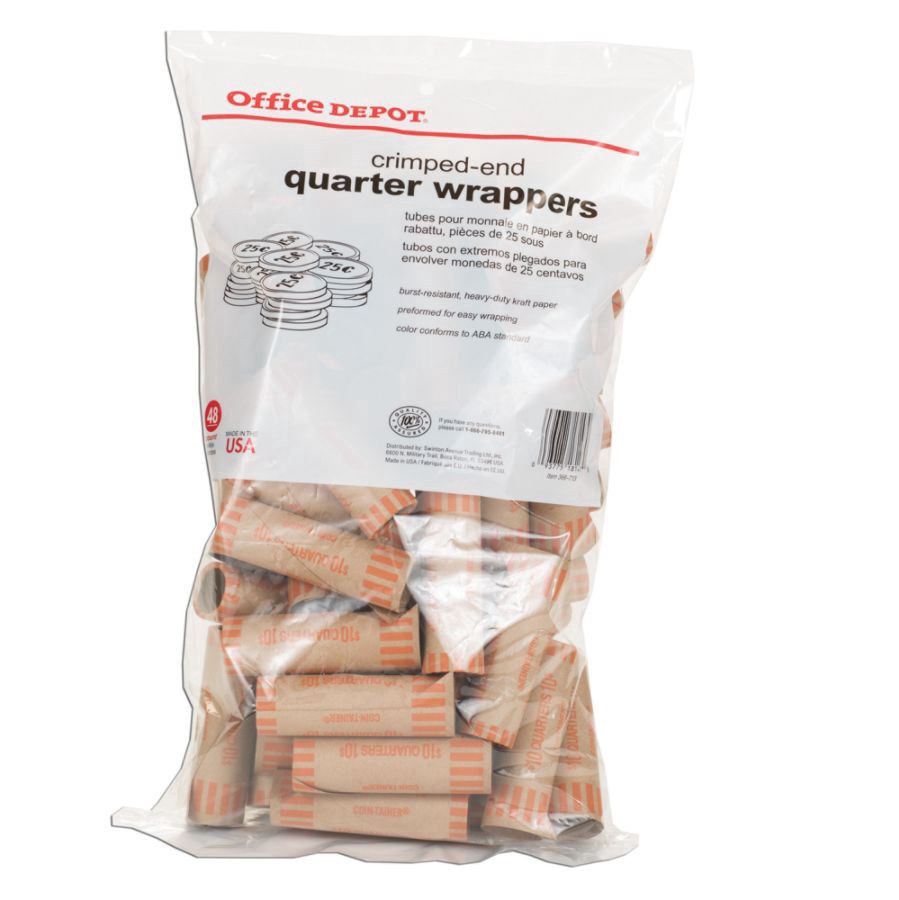 slide 2 of 3, Office Depot® Brand Preformed Tubular Coin Wrappers, Quarter, Pack Of 48, 48 ct