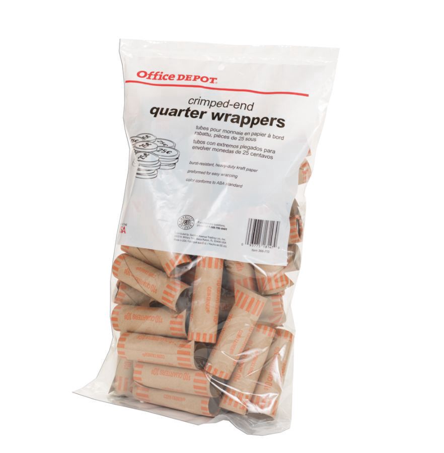 slide 3 of 3, Office Depot® Brand Preformed Tubular Coin Wrappers, Quarter, Pack Of 48, 48 ct