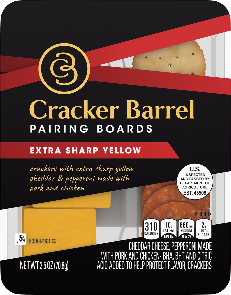 slide 1 of 8, Cracker Barrel Pairing Boards Extra Sharp Yellow Cheddar, Pepperoni Slices & Crackers Individually Sealed Single-Serve Snack 2.5 oz. Package, 2.5 oz