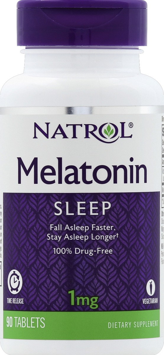 slide 2 of 2, Natrol Melatonin Time Release Sleep Aid Tablets, with Vitamin B-6, Fall Asleep Faster, Stay Asleep Longer, Dietary Supplement, Drug Free, 1mg, 90 Count, 90 ct