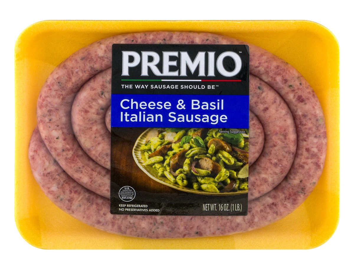 slide 1 of 1, Premio Cheese & Basil Sausage, 16 oz