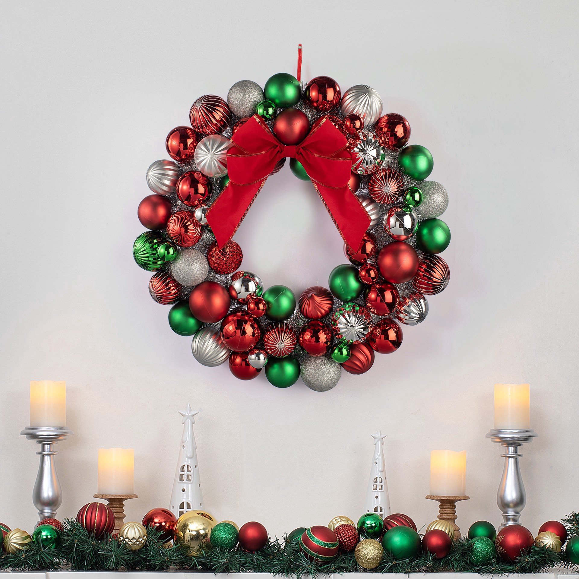 slide 2 of 6, 24" Red, Green & Silver Ornament Wreath With Bow By Ashland, 24 in
